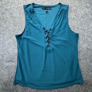 White House Black Market Tank Top Womens Large Blue Lace Up V Neck Sleeveless